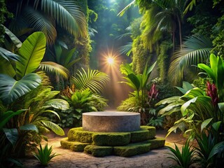 Obraz premium Night Photography of a Stone Podium in a Tropical Forest for Product Presentation with Lush Foliage and Ambient