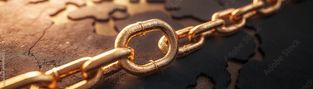 Poster a close-up image of a gold chain link, emphasizing its shine and texture against a dark background w