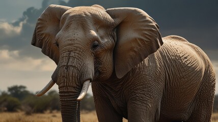A African elephant stands in a dusty, open savanna. Its large, wrinkled skin is a rich brown color. The elephant's ears are spread wide, showcasing their impressive size and intricate folds.