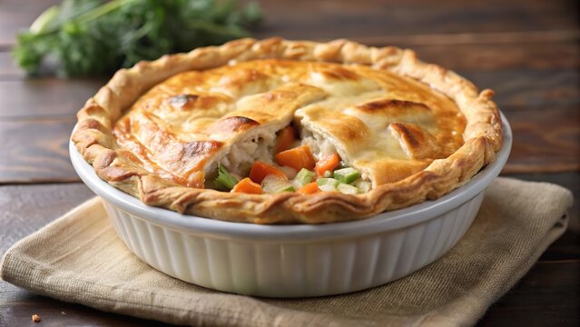 Homemade chicken pot pie with flaky crust and colorful vegetables on a rustic wooden table