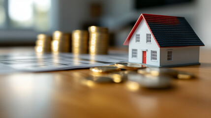 A detailed miniature house model sitting on a wooden table, with stacks of coins and property investment brochures in the background, symbolizing real estate wealth building.