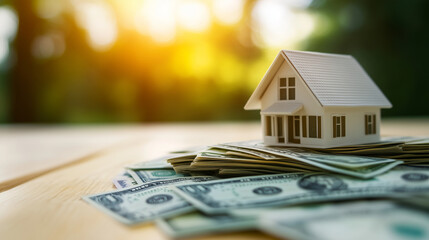 A charming miniature home on a pile of cash, highlighting the connection between property investment, home equity, and financial security.