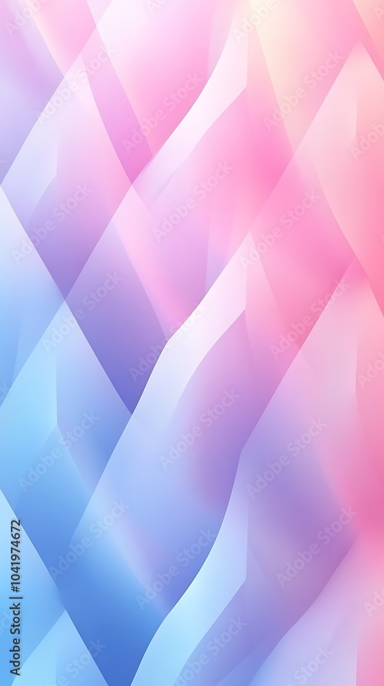 Poster Geometric zigzag pattern with gradient transitions in pastel tones of pink and blue, soft shadows and smooth edges, dynamic flow of lines, minimalist abstract design,