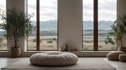 Obraz premium Minimalist Serenity. Panoramic Views and Natural Elements in a Peaceful Interior