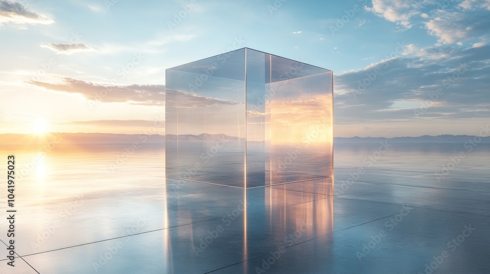 Poster a clear cube stands prominently on a reflective surface, capturing the warm hues of a sunset. the di
