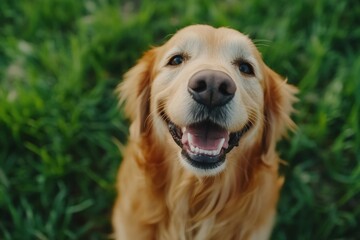 Obraz premium Happy Golden Retriever Smiling in Green Grass