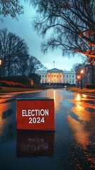 A vibrant 'Election 2024' sign stands reflected on a wet path in front of the White House.