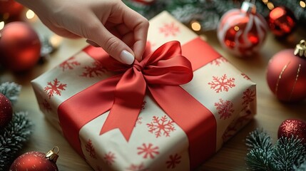 Hands tying ribbon on holiday gift, festive setting