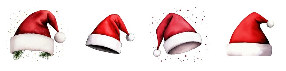 Various red Christmas hats on a white isolated background.