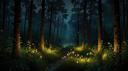 Fototapeta premium The mystical forest scene at night. The air is filled with lights that are twisted when innumerable fireflies float between lush green plants. The narrow and winding paths lead deeper into the forest.