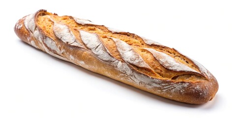 perfectly baked rustic baguette artisan style bread loaf on white background