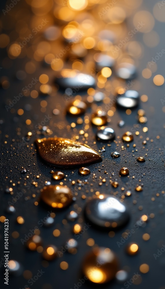 Poster silver and golden droplets scatter across a dark textured surface, capturing the warm glow of light 