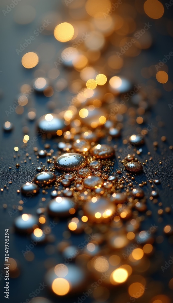 Poster a captivating array of water droplets sparkles with golden reflections, forming a mesmerizing patter