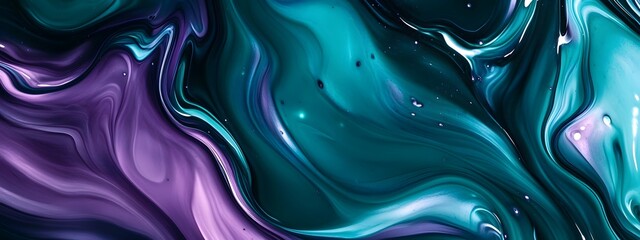 Obraz premium Abstract fluid art, with dark teal and purple hues and emerald green swirls, in a close-up, cinematic style.
