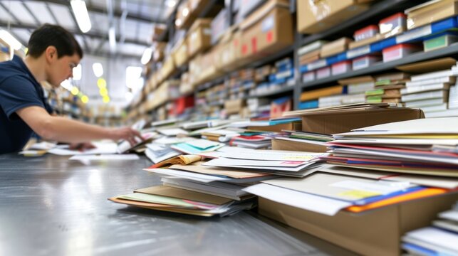 Postal worker organizing mail in a busy sorting facility for efficient delivery systems.