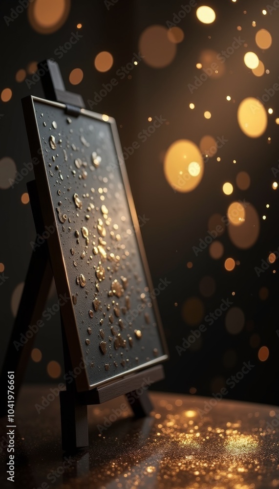 Poster Raindrops cling to the easel, shimmering with reflected light, as the background glows with abstract bokeh circles, creating an enchanting evening ambiance