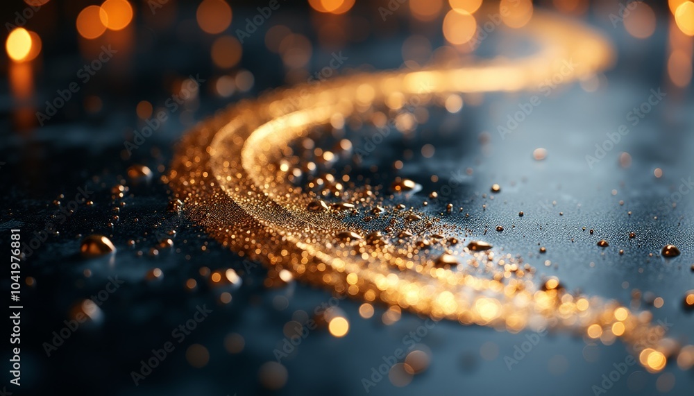 Poster golden droplets cascade in elegant curves across a shimmering surface, illuminated by warm, ambient 