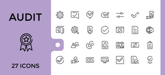 Audit line icons set. Containing report, compliance, finance, accounting, analysis and more symbol. Line vector collection. Editable stroke and pixel perfect.
