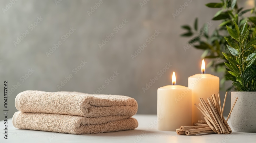 Poster Two fluffy towels are lying on a table next to two burning candles and a green plant, creating a relaxing atmosphere for a spa treatment