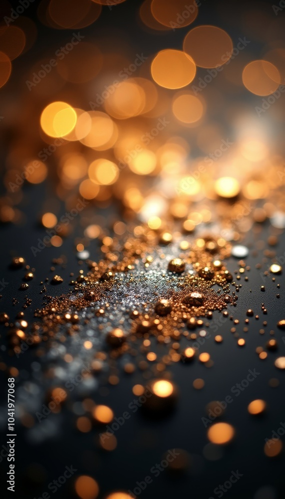 Poster glistening droplets scatter across a smooth surface, catching warm light reflections that create an 