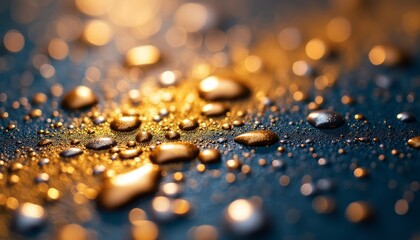 Delicate droplets nestle upon a dark textured surface, reflecting warm golden hues. This enchanting display evokes a sense of tranquility and beauty in simplicity