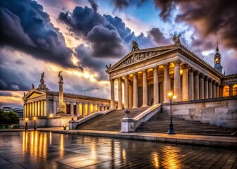 Obraz premium Night Photography of the Academy of Athens on a Cloudy Day for Amazing Cityscape and Architectural Imagery