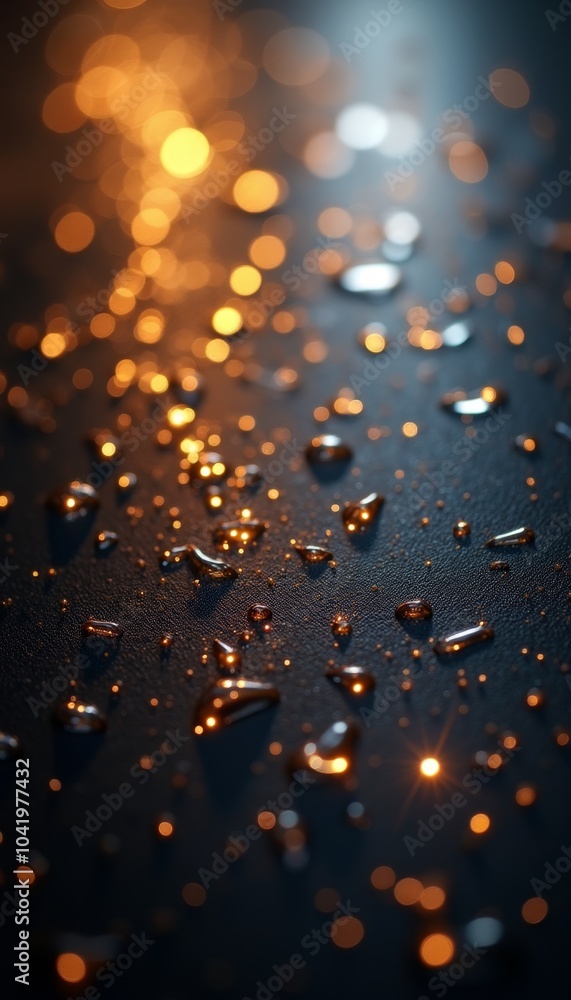 Poster delicate water droplets spread across a dark surface sparkle under warm golden light, creating a mes