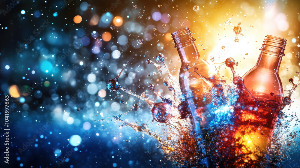 Poster bottles splashing in vibrant colors create dynamic and energetic scene