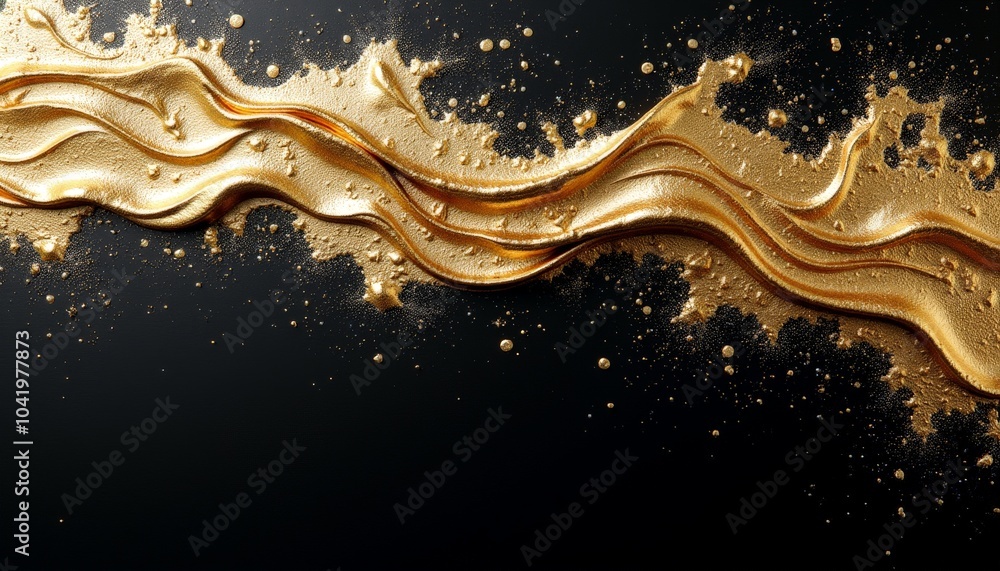 Poster a shimmering wave of gold flows dynamically across a deep black backdrop, highlighted by glimmering 