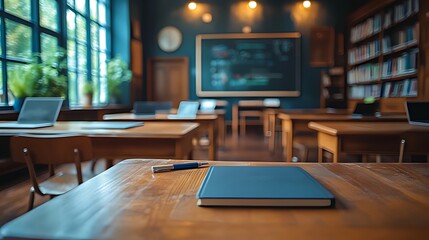 Empty classroom with a notebook and pen on a wooden desk.