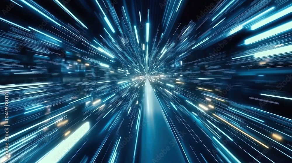 Poster Abstract futuristic digital technology background featuring high-speed blue light lines and glowing effects. The dynamic design represents data transfer and high-tech innovation in motion, resembling 