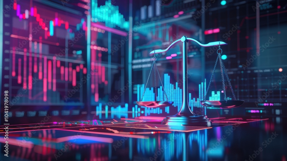 Poster balancing data for informed business decisions - digital scales with graphs and charts