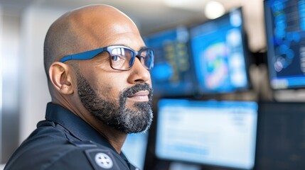 Security guard monitoring surveillance cameras in control room for safety and security oversight.