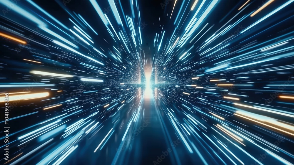 Poster Abstract futuristic digital technology background featuring high-speed blue light lines and glowing effects. The dynamic design represents data transfer and high-tech innovation in motion, resembling 