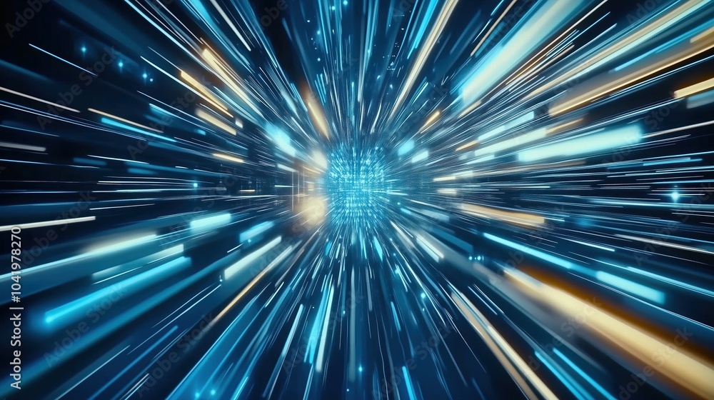Poster Abstract futuristic digital technology background featuring high-speed blue light lines and glowing effects. The dynamic design represents data transfer and high-tech innovation in motion, resembling 