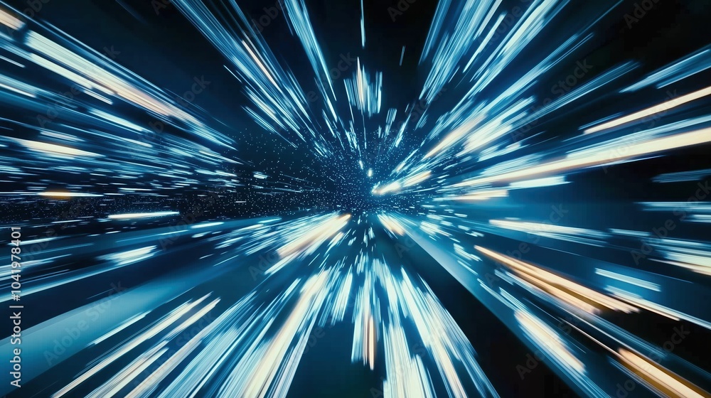 Poster Abstract futuristic digital technology background featuring high-speed blue light lines and glowing effects. The dynamic design represents data transfer and high-tech innovation in motion, resembling 
