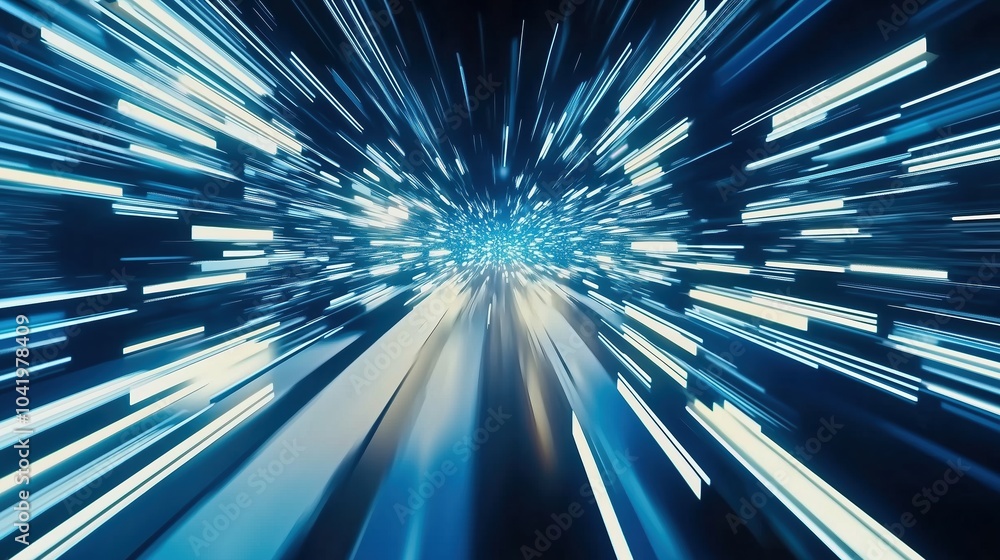 Poster Abstract futuristic digital technology background featuring high-speed blue light lines and glowing effects. The dynamic design represents data transfer and high-tech innovation in motion, resembling 