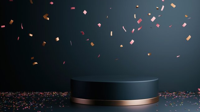 A shiny black podium surrounded by colorful confetti against a dark background, perfect for celebrations or award ceremonies.