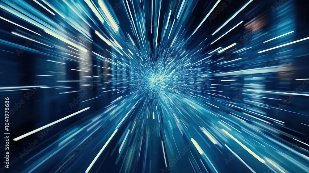 Poster Abstract futuristic digital technology background featuring high-speed blue light lines and glowing effects. The dynamic design represents data transfer and high-tech innovation in motion, resembling 