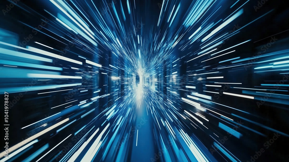 Poster Abstract futuristic digital technology background featuring high-speed blue light lines and glowing effects. The dynamic design represents data transfer and high-tech innovation in motion, resembling 