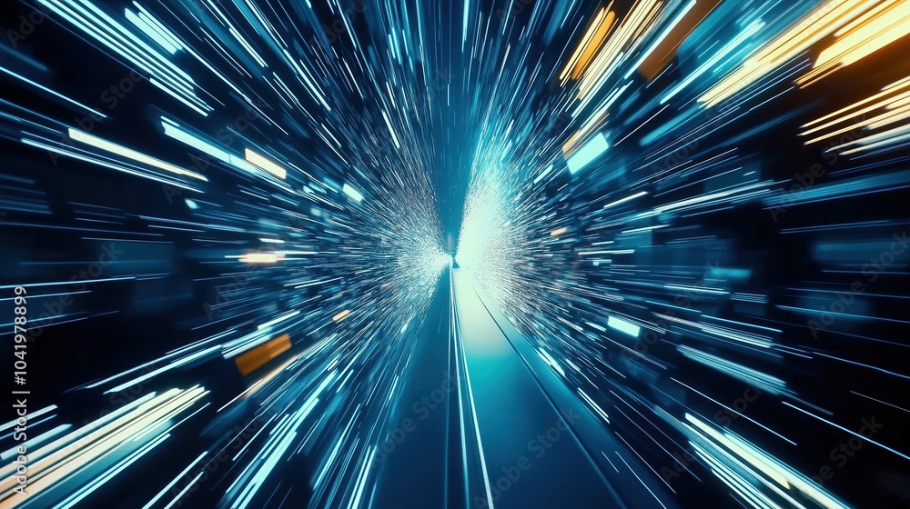 Poster Abstract futuristic digital technology background featuring high-speed blue light lines and glowing effects. The dynamic design represents data transfer and high-tech innovation in motion, resembling 