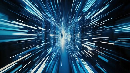 Abstract futuristic digital technology background featuring high-speed blue light lines and glowing effects. The dynamic design represents data transfer and high-tech innovation in motion, resembling 