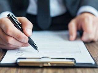 Professional Hand Holding Pen Over Document for Business Agreement or Contract Signing