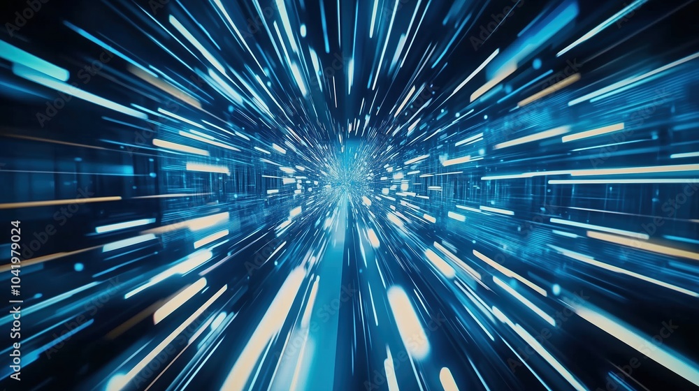 Poster Abstract futuristic digital technology background featuring high-speed blue light lines and glowing effects. The dynamic design represents data transfer and high-tech innovation in motion, resembling 
