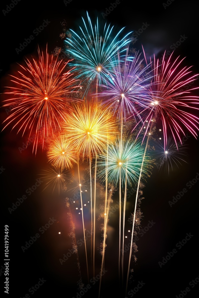 Poster a colorful fireworks display with five different colored fireworks. the fireworks are lit up and are