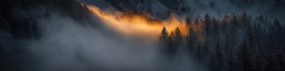 Fototapeta premium A forest with trees covered in snow and a foggy mist. The trees are silhouetted against the sky, creating a sense of mystery and solitude. The foggy mist adds to the atmosphere