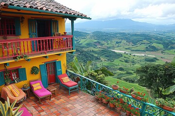 Fototapeta premium A vibrant and colorful rural hillside villa overlooking expansive green valleys with a mountainous backdrop, showcasing traditional architectural charm