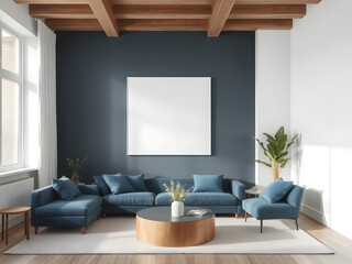 Blue couch with beige pillows under wooden beams and modern decor. 