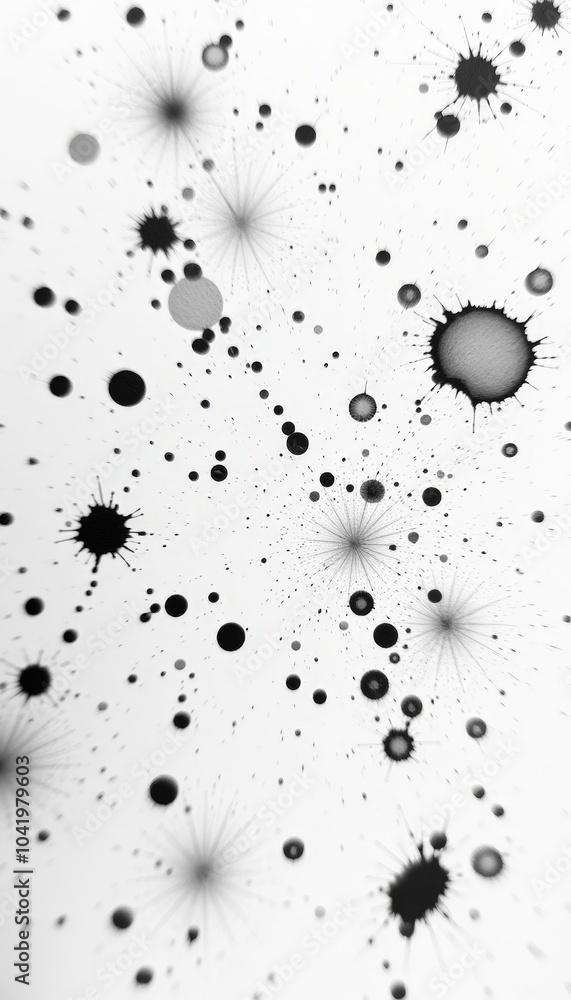 Aufkleber An array of black ink droplets and splashes scattered across a stark white background, showcasing an engaging contrast and dynamic visual rhythm