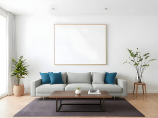  Beige couch with blue pillows in a minimalistic room with a large picture frame.